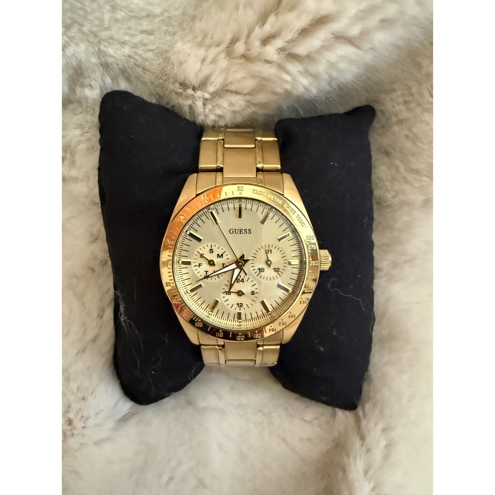 Guess Gold Tone Chronograph Watch Sunray Dial Tachymeter Bezel U0668g2